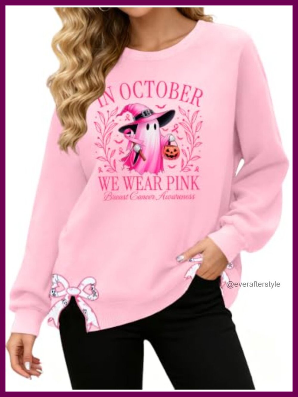 Womens Pink Ribbon Sweatshirt Rayon Blend Crewneck Side Slit Pullover